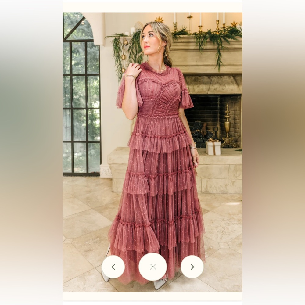 IVY CITY CO WHIMSICAL DRESS IN MULBERRY PINK MAUVE LONG MAXI RUFFLES